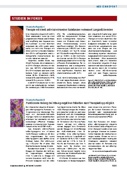 Vorschauseite 1: Chronische Hepatitis C: Therapie mit direkt antiviral wirkenden Substanzen verbessert Langzeitüberleben