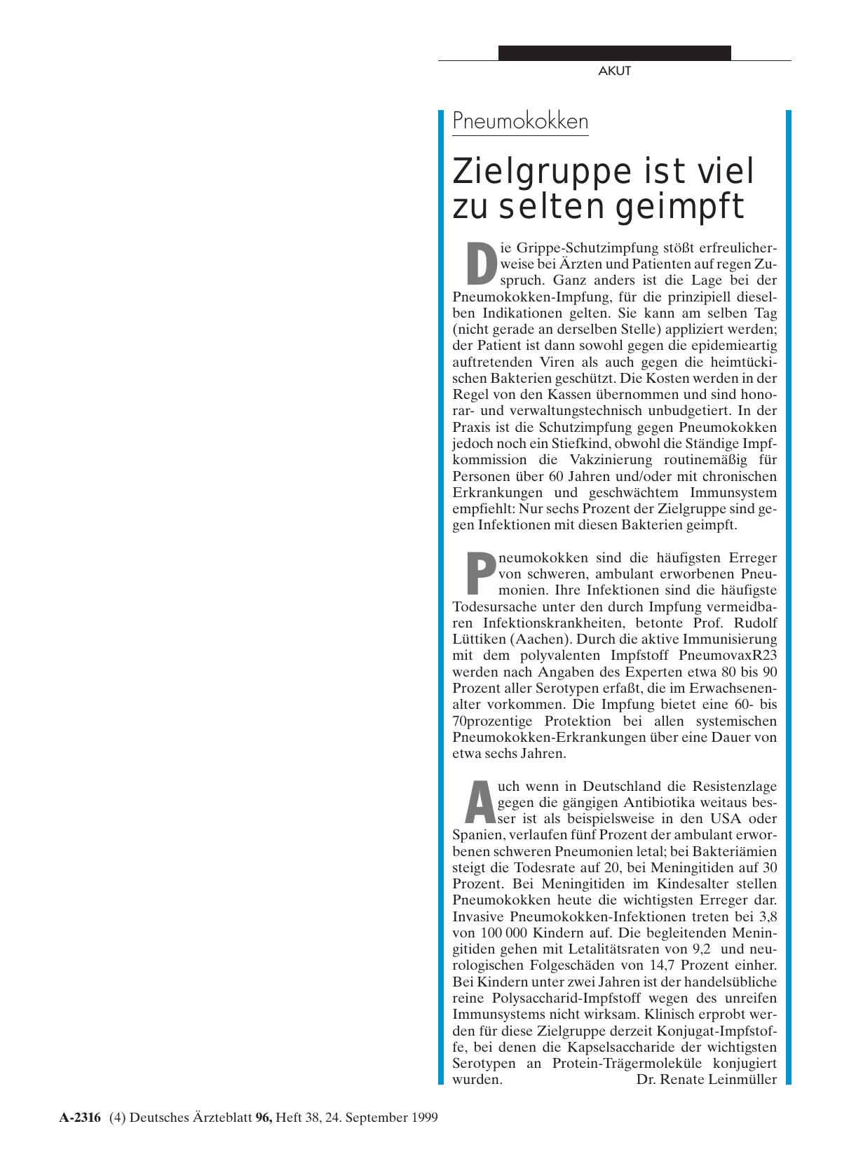 Vorschauseite 1: Pneumokokken: Zielgruppe ist viel zu selten geimpft