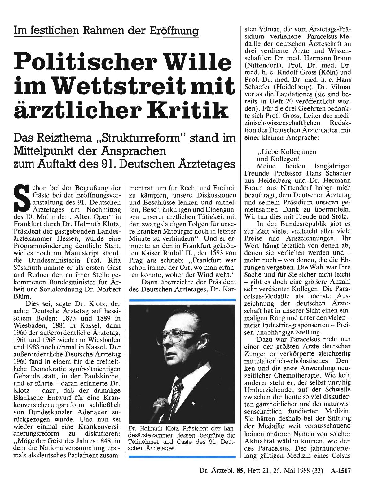 Vorschauseite 1: Im festlichen Rahmen der Eröffnung: Politischer Wille im Wettstreit mit ärztlicher Kritik