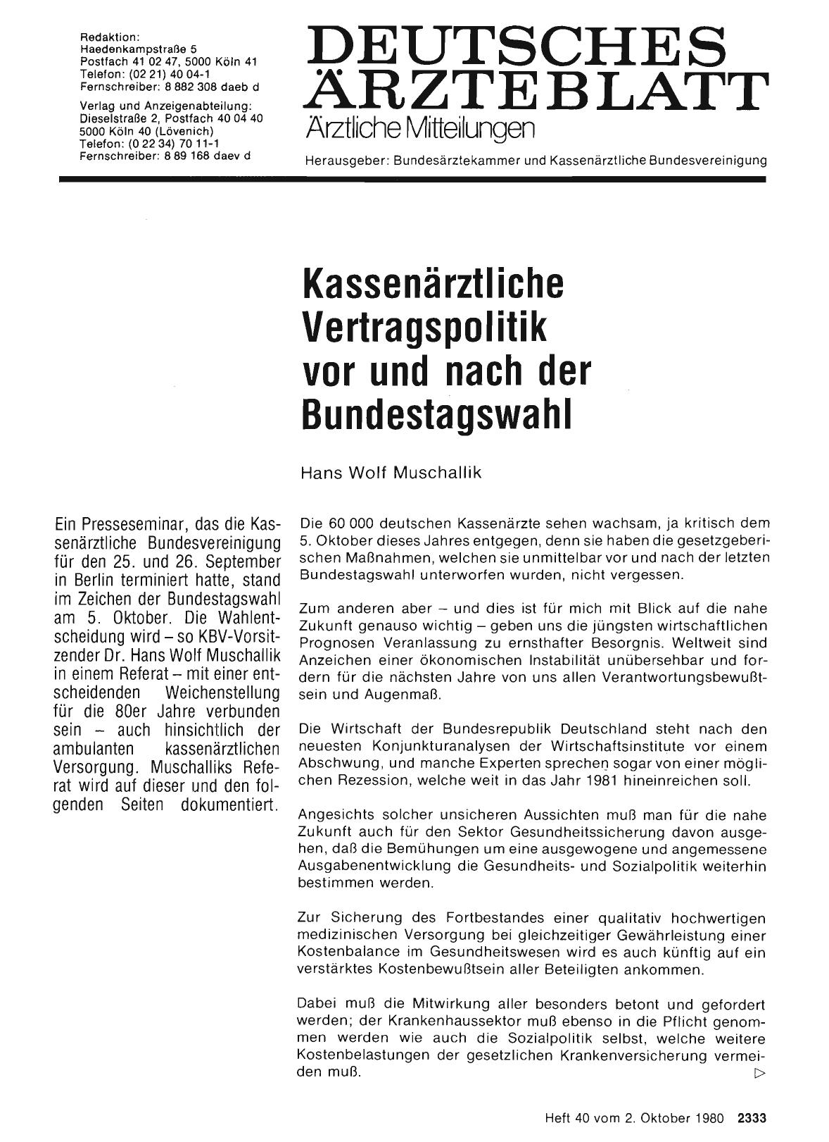 Vorschauseite 1: Kassenärztliche Vertragspolitik vor und nach der Bundestagswahl