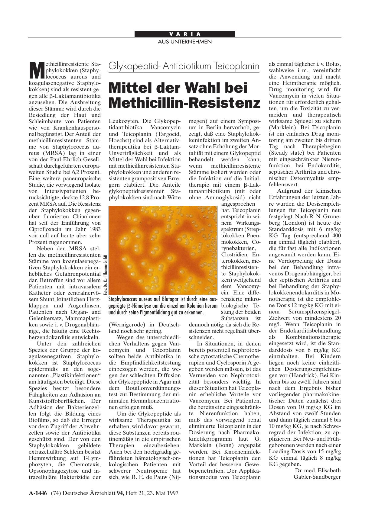 Vorschauseite 1: Glykopeptid-Antibiotikum Teicoplanin: Mittel der Wahl bei Methicillin-Resistenz