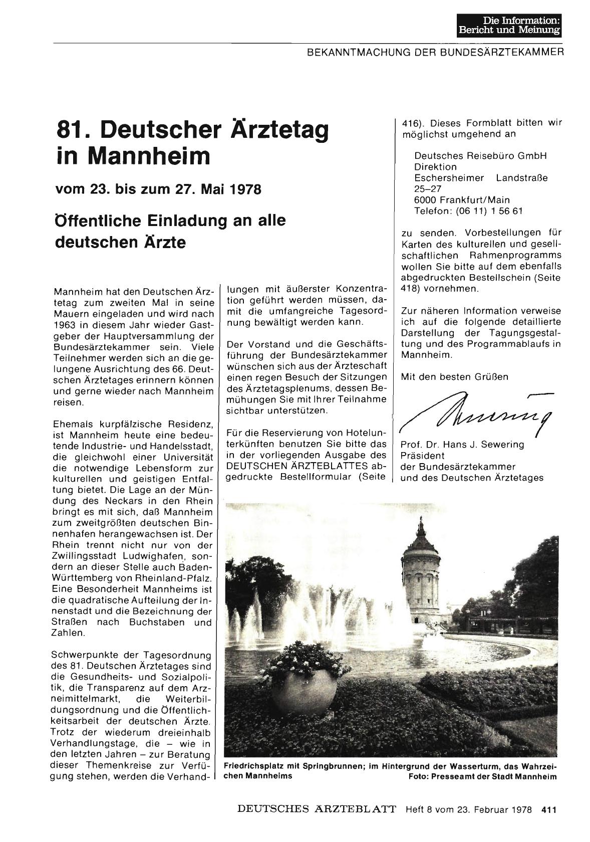 Vorschauseite 1: 81. Deutscher Ärztetag in Mannheim vom 23. bis zum 27. Mai 1978: Öffentliche Einladung an alle deutschen Ärzte