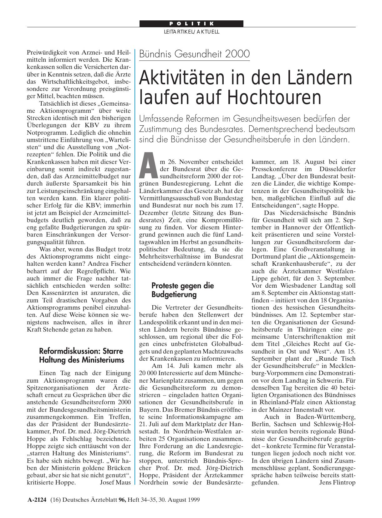 Vorschauseite 1: Bündnis Gesundheit 2000: Aktivitäten in den Ländern laufen auf Hochtouren
