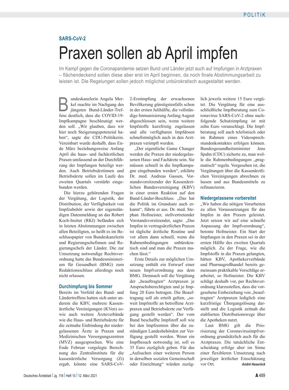 Vorschauseite 1: SARS-CoV-2: Praxen sollen ab April impfen