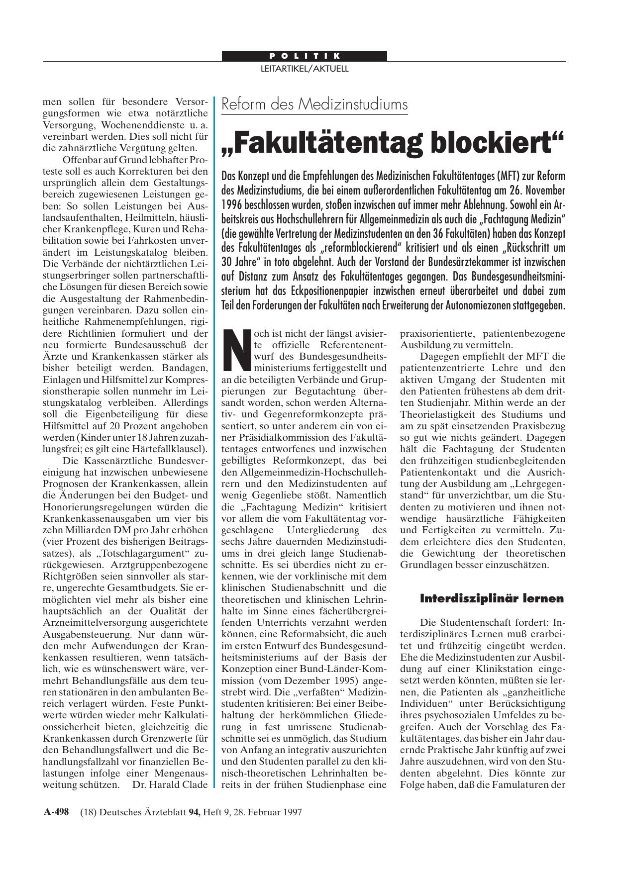 Vorschauseite 1: Reform des Medizinstudiums: „Fakultätentag blockiert“