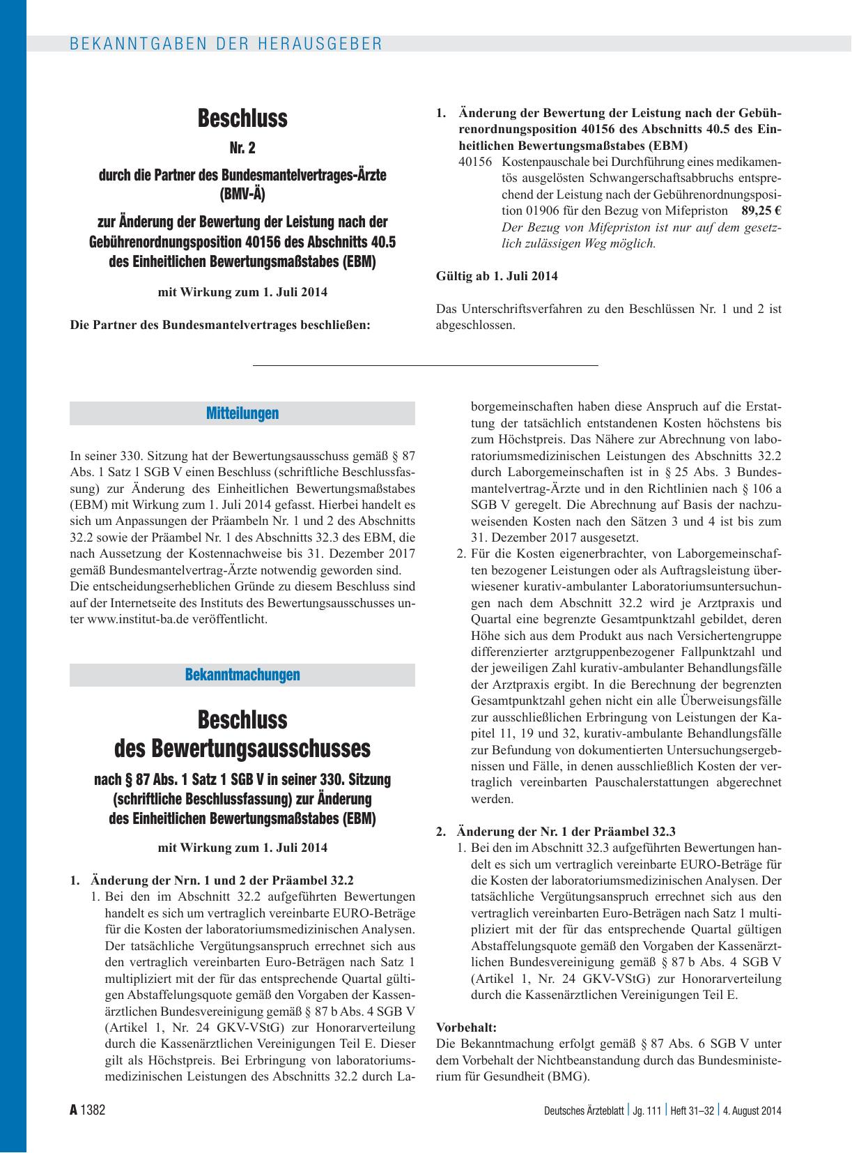 Vorschauseite 1: Beschluss des Bewertungsausschusses nach § 87 Abs. 1 Satz 1 SGB V in seiner 330. Sitzung (schriftliche Beschlussfassung) zur Änderung des Einheitlichen Bewertungsmaßstabes (EBM)