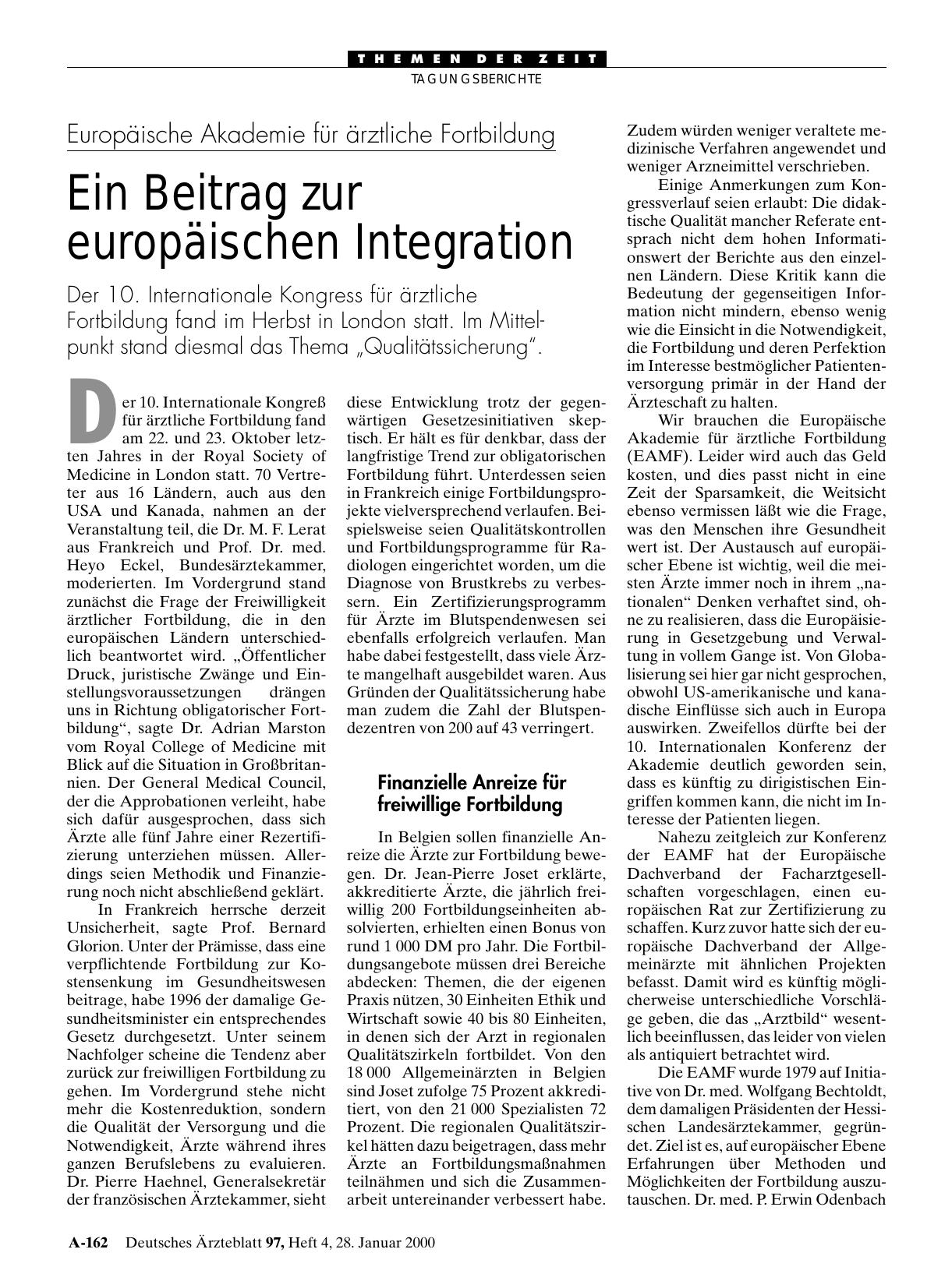 Vorschauseite 1: Europäische Akademie für ärztliche Fortbildung: Ein Beitrag zur europäischen Integration