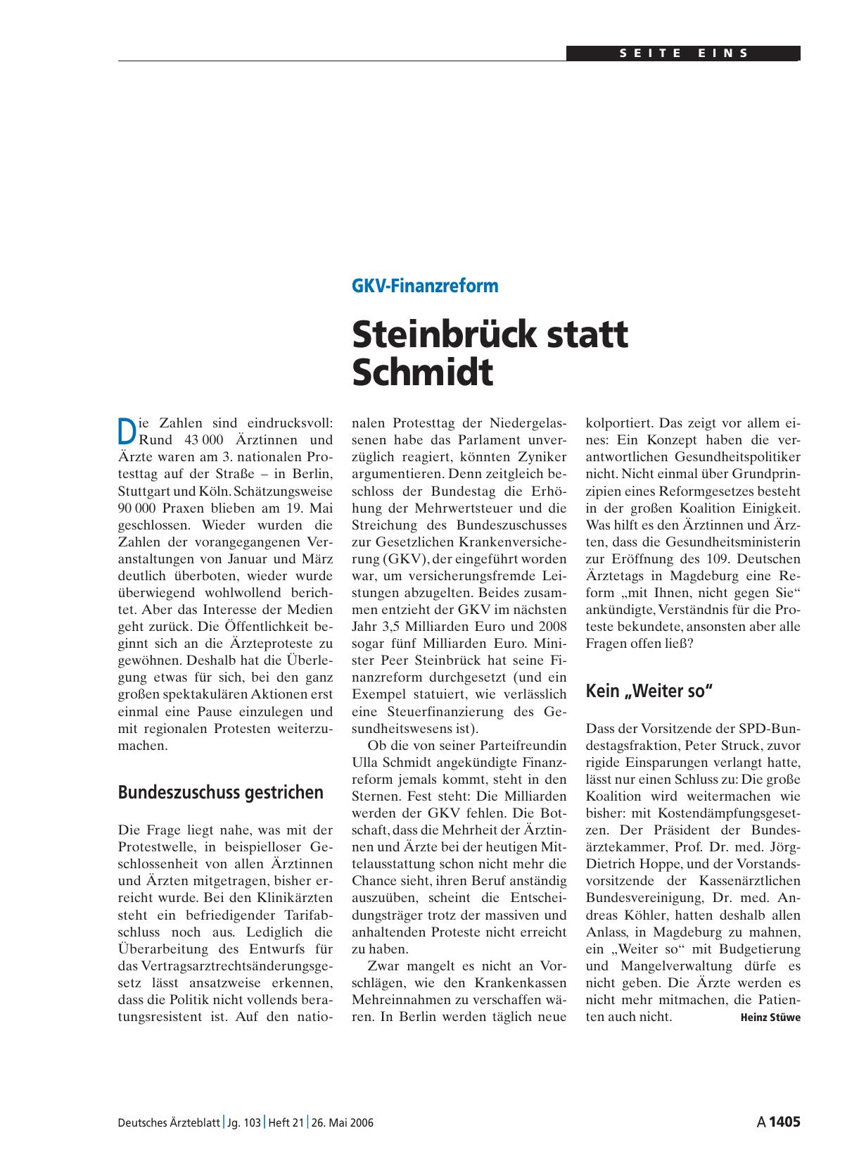 Vorschauseite 1: GKV-Finanzreform: Steinbrück statt Schmidt