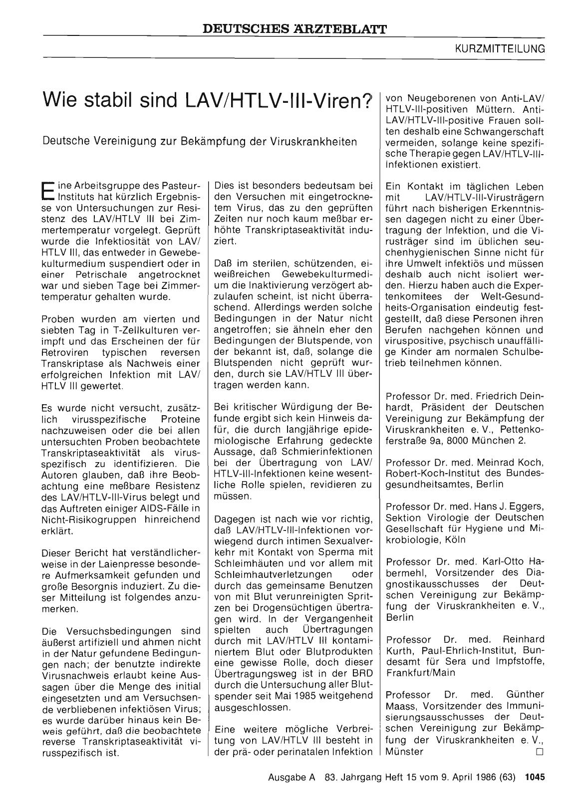 Vorschauseite 1: Wie stabil sind LAV/HTLV-III-Viren?