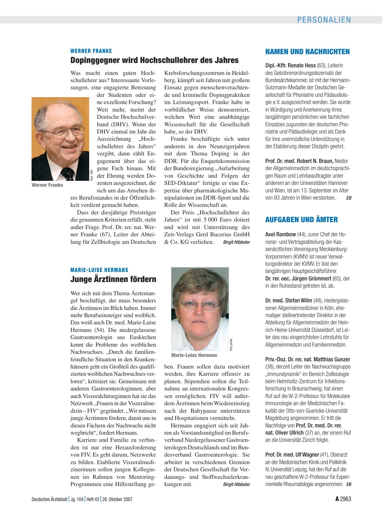 Vorschauseite 1: Werner Franke: Dopinggegner wird Hochschullehrer des Jahres