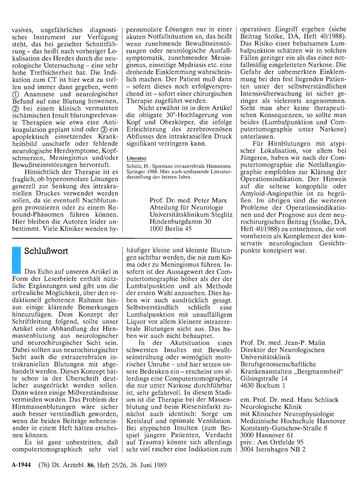 Vorschauseite 1: Hirnblutungen aus neurologischer Sicht: Schlußwort