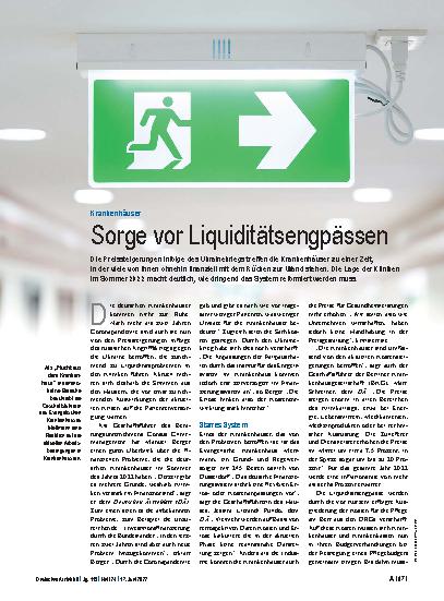 Vorschauseite 1: Krankenhäuser: Sorge vor Liquiditätsengpässen