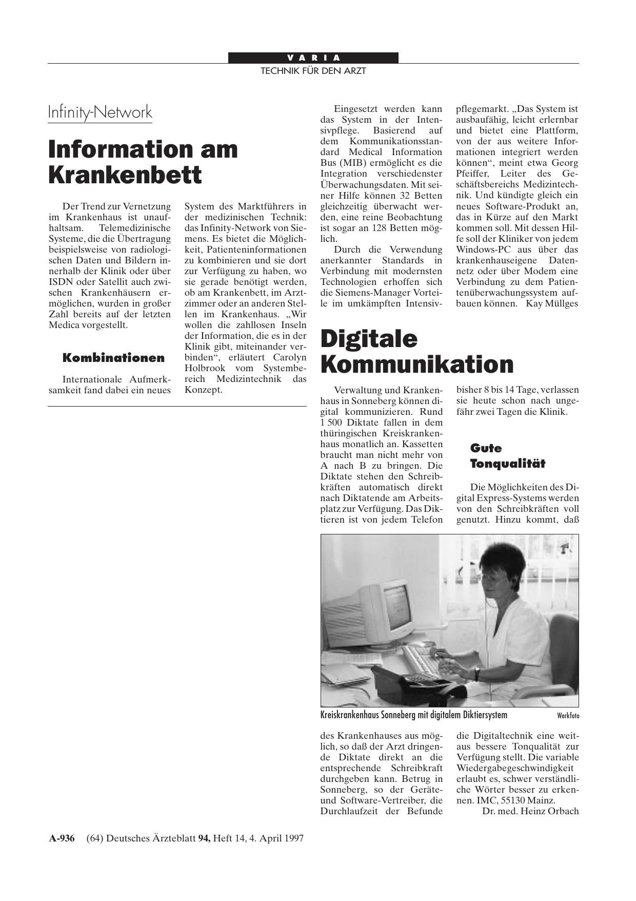 Vorschauseite 1: Infinity-Network: Information am Krankenbett