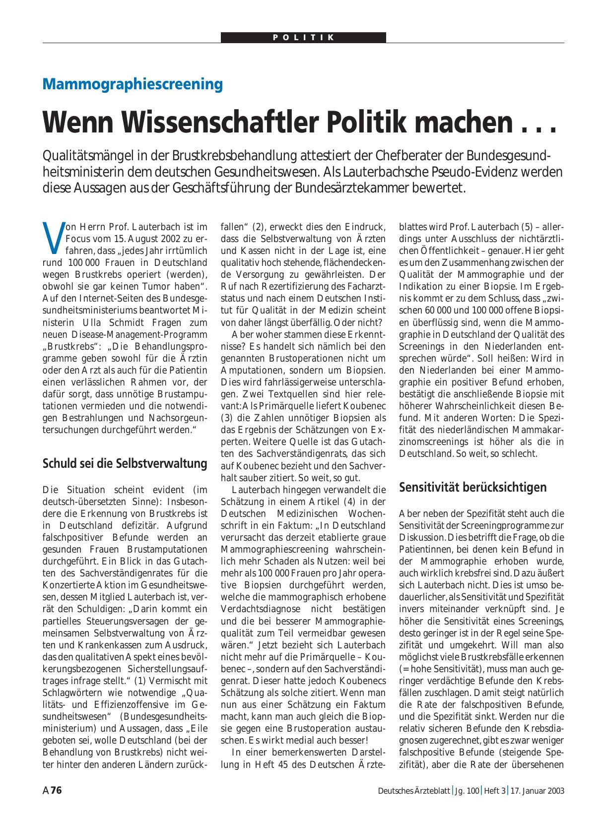 Vorschauseite 1: Mammographiescreening: Wenn Wissenschaftler Politik machen. ..