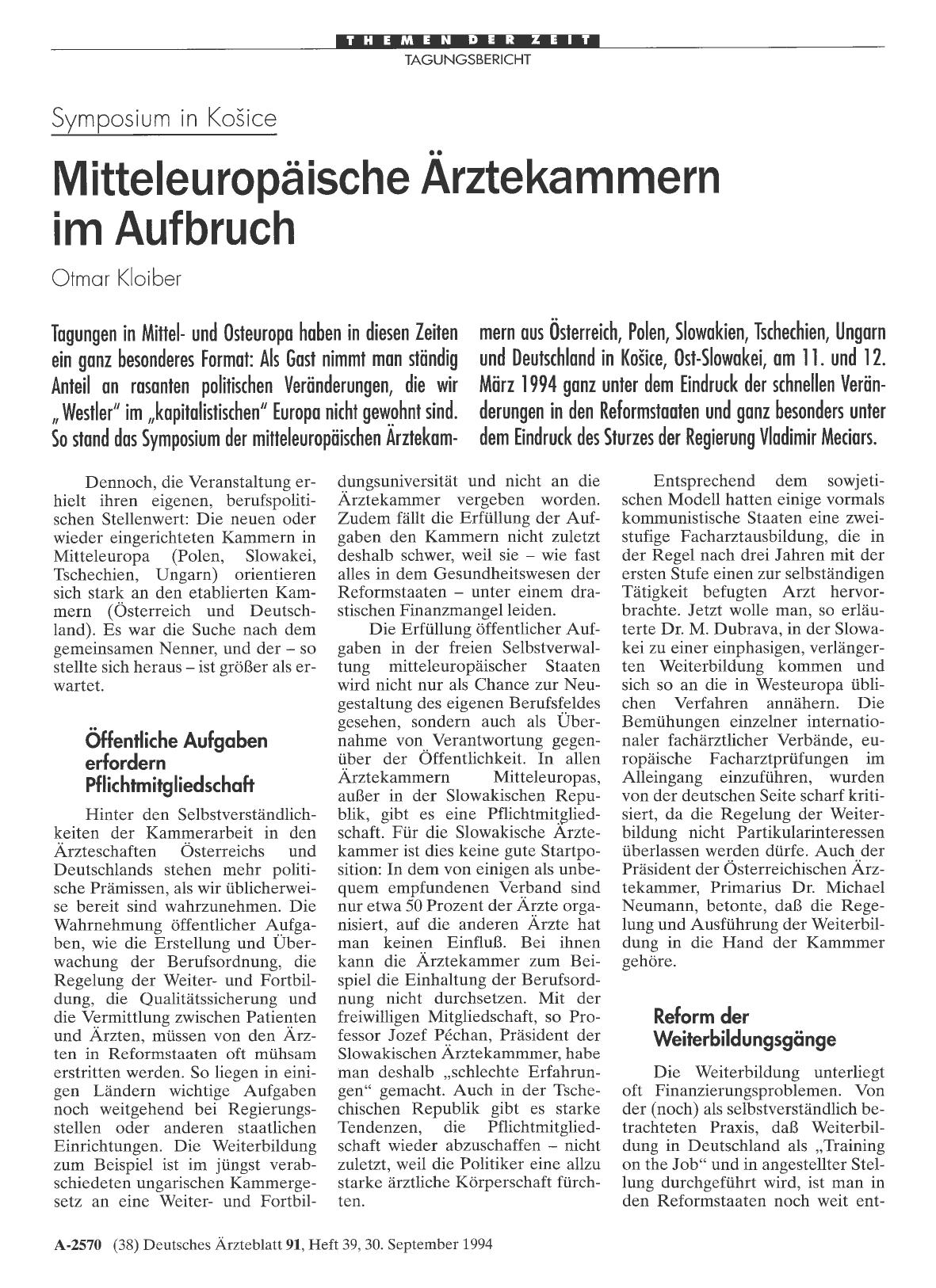 Vorschauseite 1: Symposium in Kosice: Mitteleuropäische Ärztekammern im Aufbruch