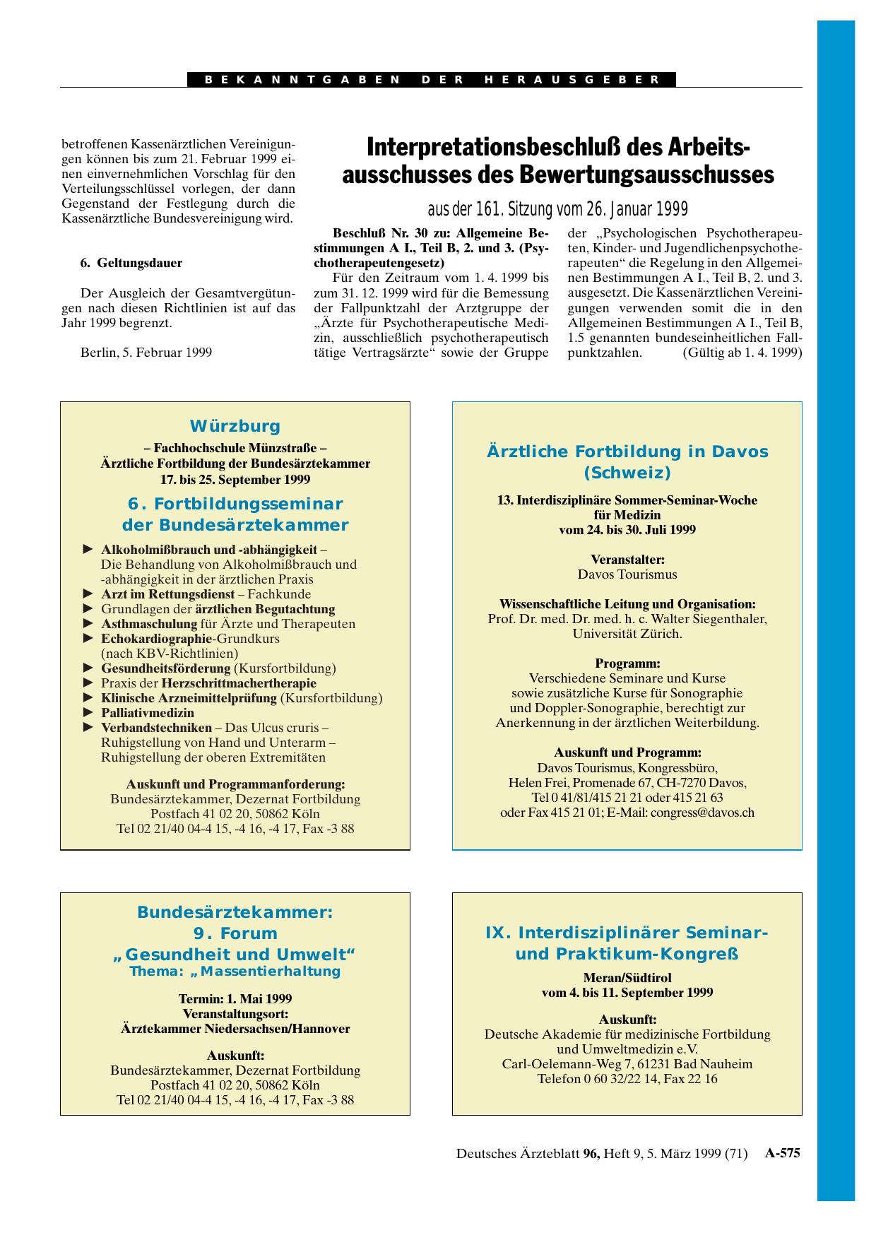 Vorschauseite 1: Interpretationsbeschluß des Arbeitsausschusses des Bewertungsausschusses aus der 161. Sitzung vom 26. Januar 1999