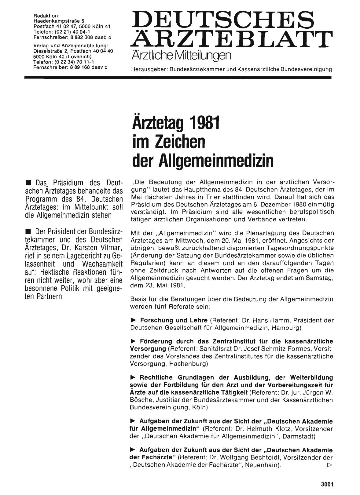 Vorschauseite 1: Ärztetag 1981 im Zeichen der Allgemeinmedizin