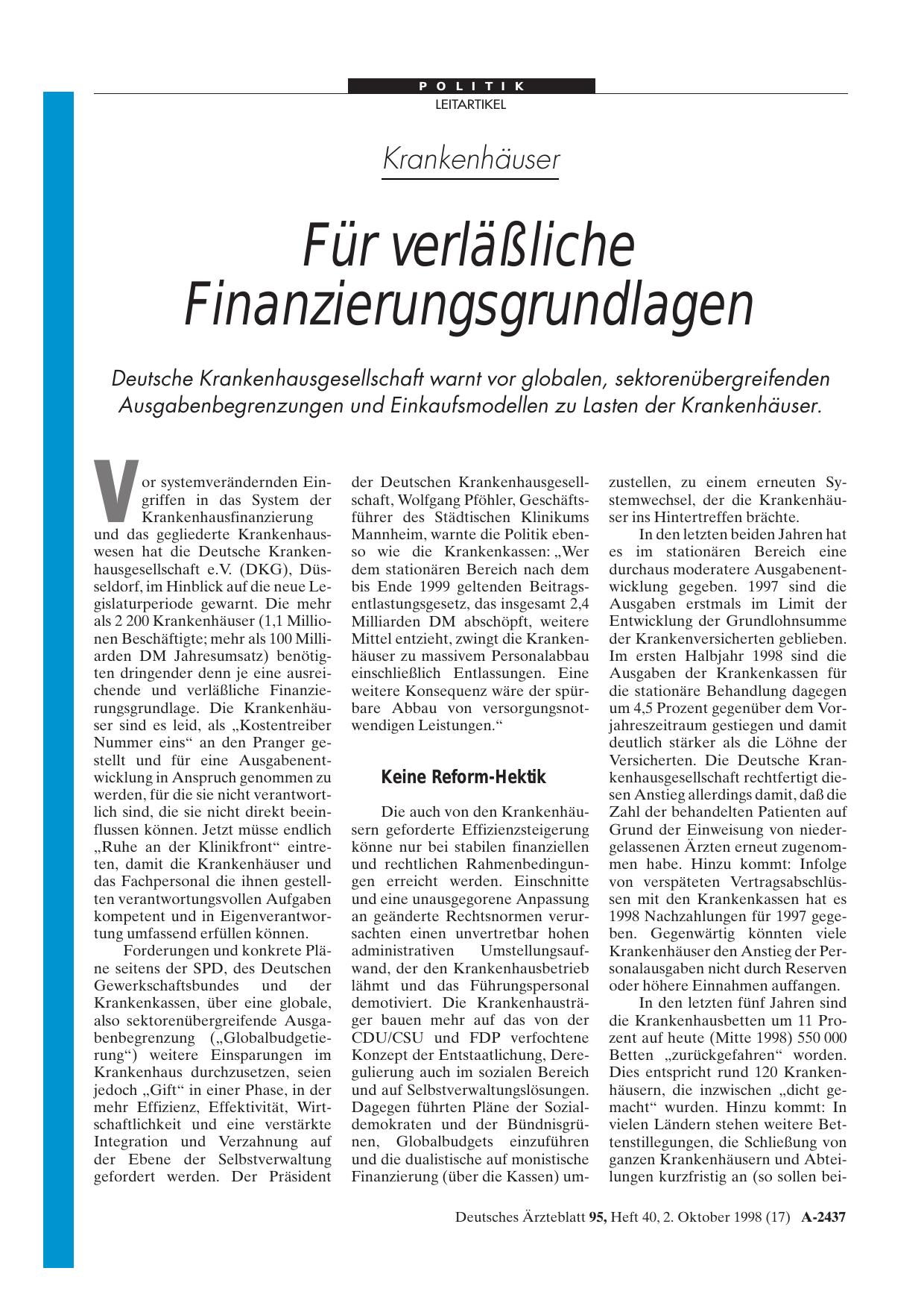 Vorschauseite 1: Krankenhäuser: Für verläßliche Finanzierungsgrundlagen