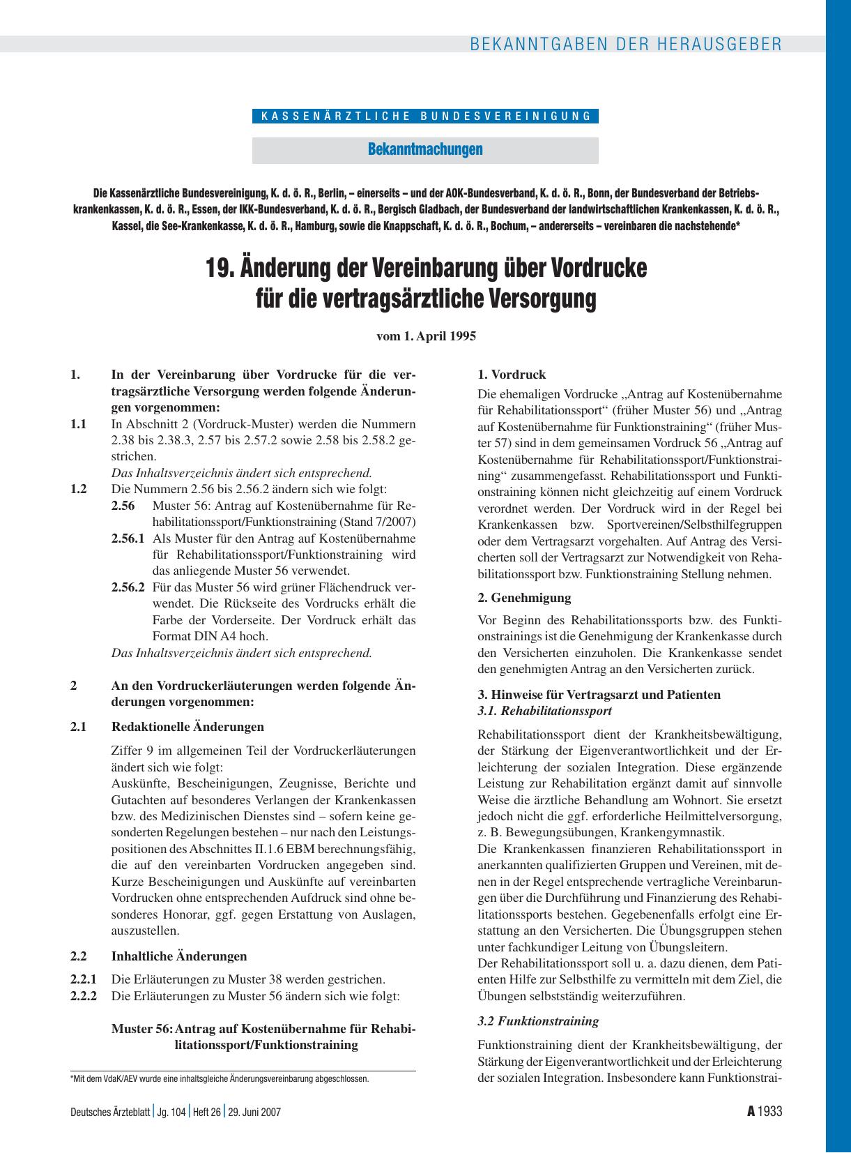 Vorschauseite 1: 19. Änderung der Vereinbarung über Vordrucke für die vertragsärztliche Versorgung vom 1. April 1995