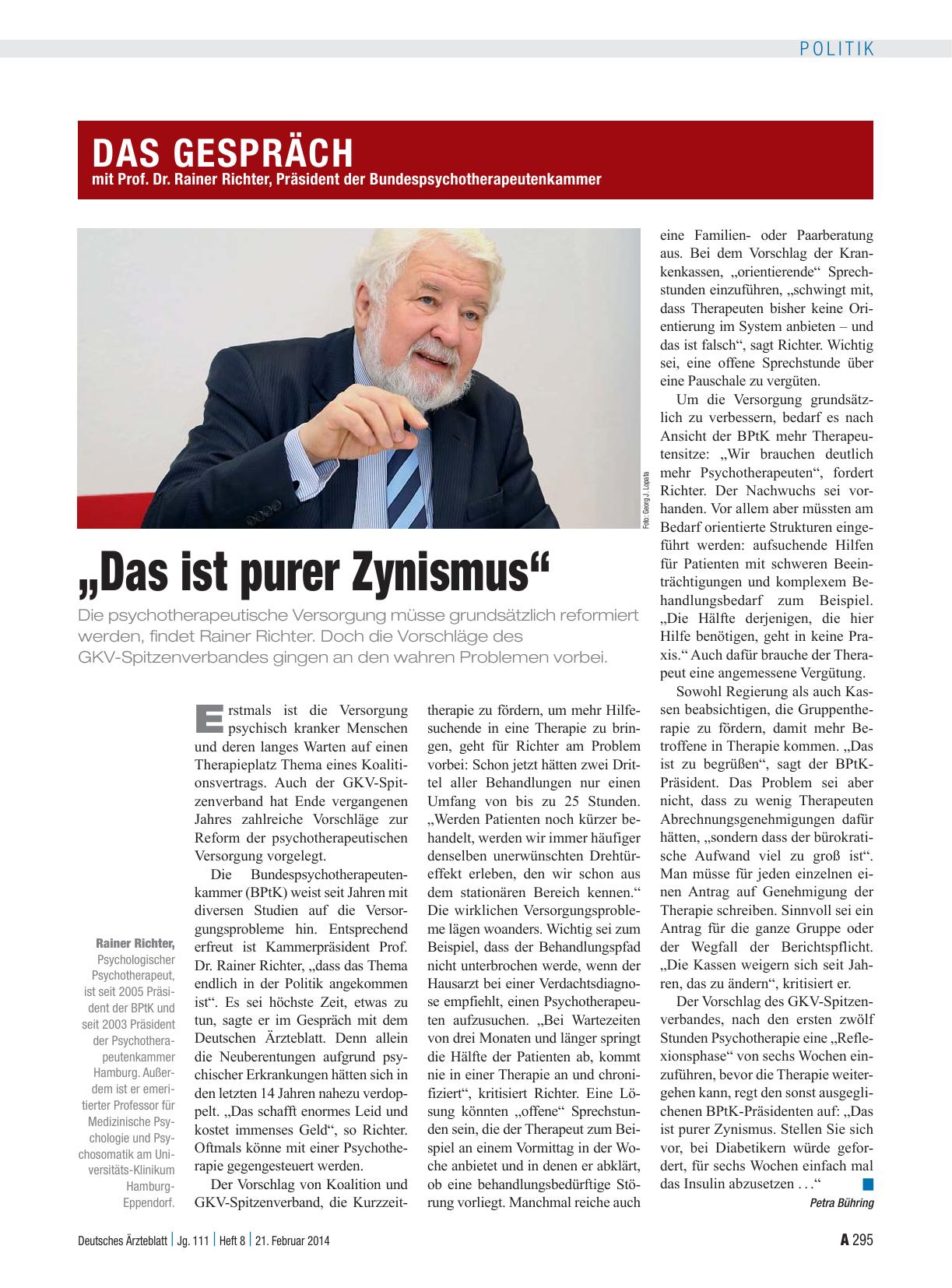 Vorschauseite 1: Das Gespräch mit Prof. Dr. Rainer Richter, Präsident der Bundespsychotherapeutenkammer: „Das ist purer Zynismus“