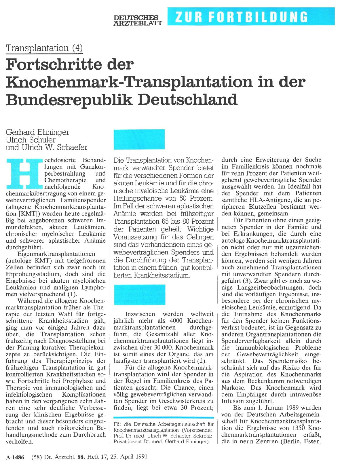 Vorschauseite 1: Transplantation (4): Fortschritte der Knochenmark-Transplantation in der Bundesrepublik Deutschland