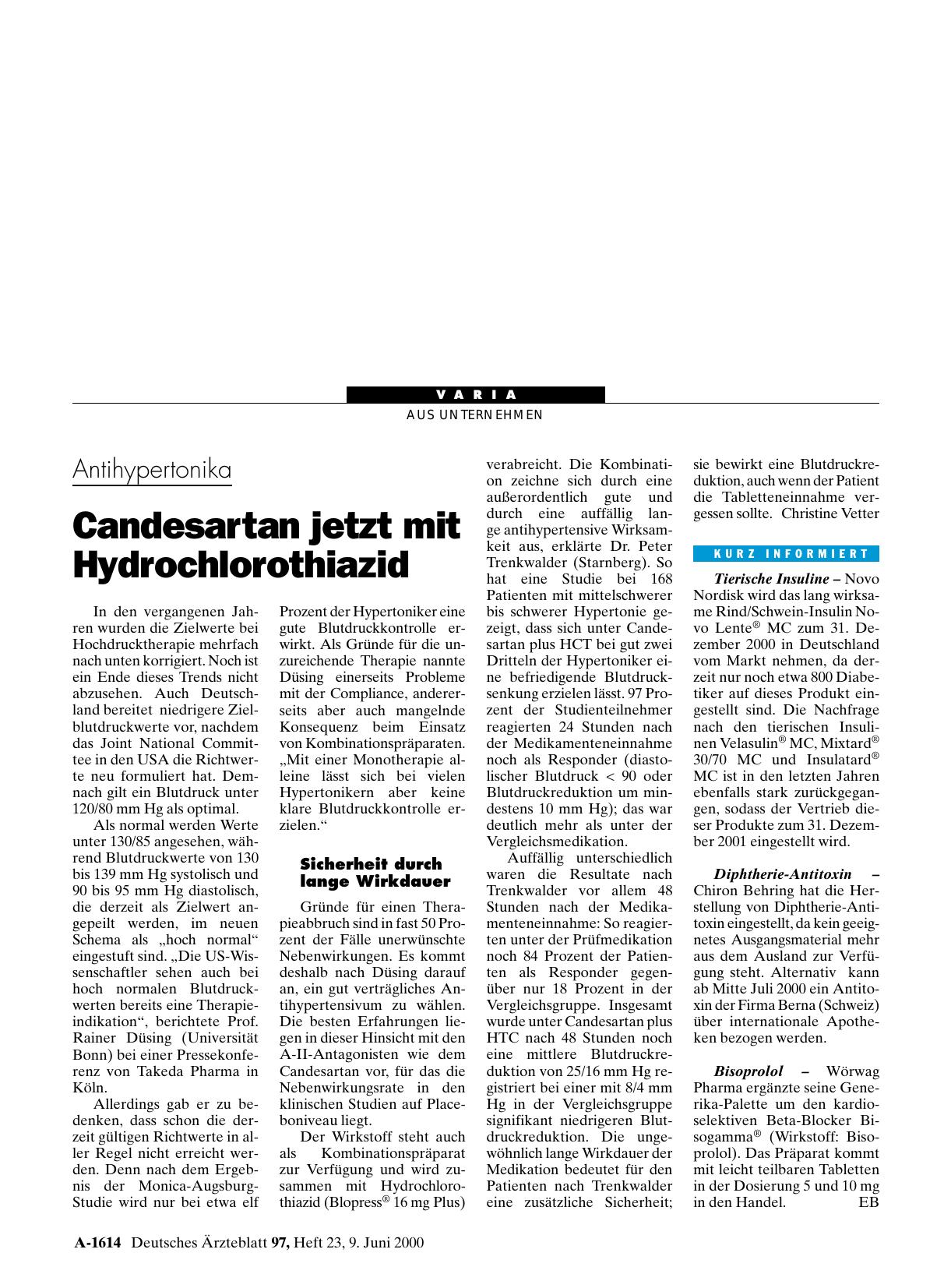 Vorschauseite 1: Antihypertonika: Candesartan jetzt mit Hydrochlorothiazid