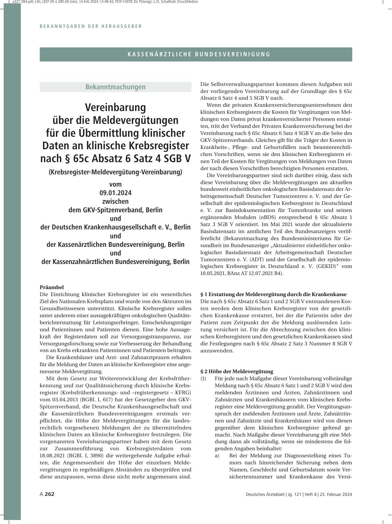 Vorschauseite 1: Vereinbarung über die Meldevergütungen für die Übermittlung klinischer Daten an klinische Krebsregister nach § 65c Absatz 6 Satz 4 SGB V (Krebsregister-Meldevergütungsvereinbarung…