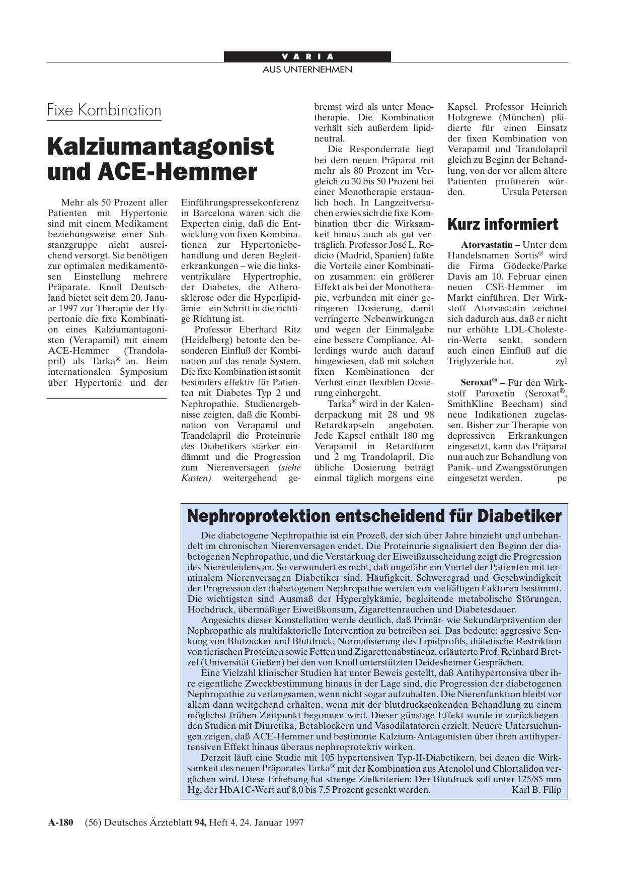 Vorschauseite 1: Fixe Kombination: Kalziumantagonist und ACE-Hemmer