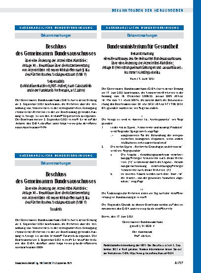Vorschauseite 1: Beschluss des Gemeinsamen Bundesausschusses über eine Änderung der Arzneimittel-Richtlinie: Anlage XII – Selpercatinib (Schilddrüsenkarzinom, RET-mutiert, nach Cabozantinib und/od…