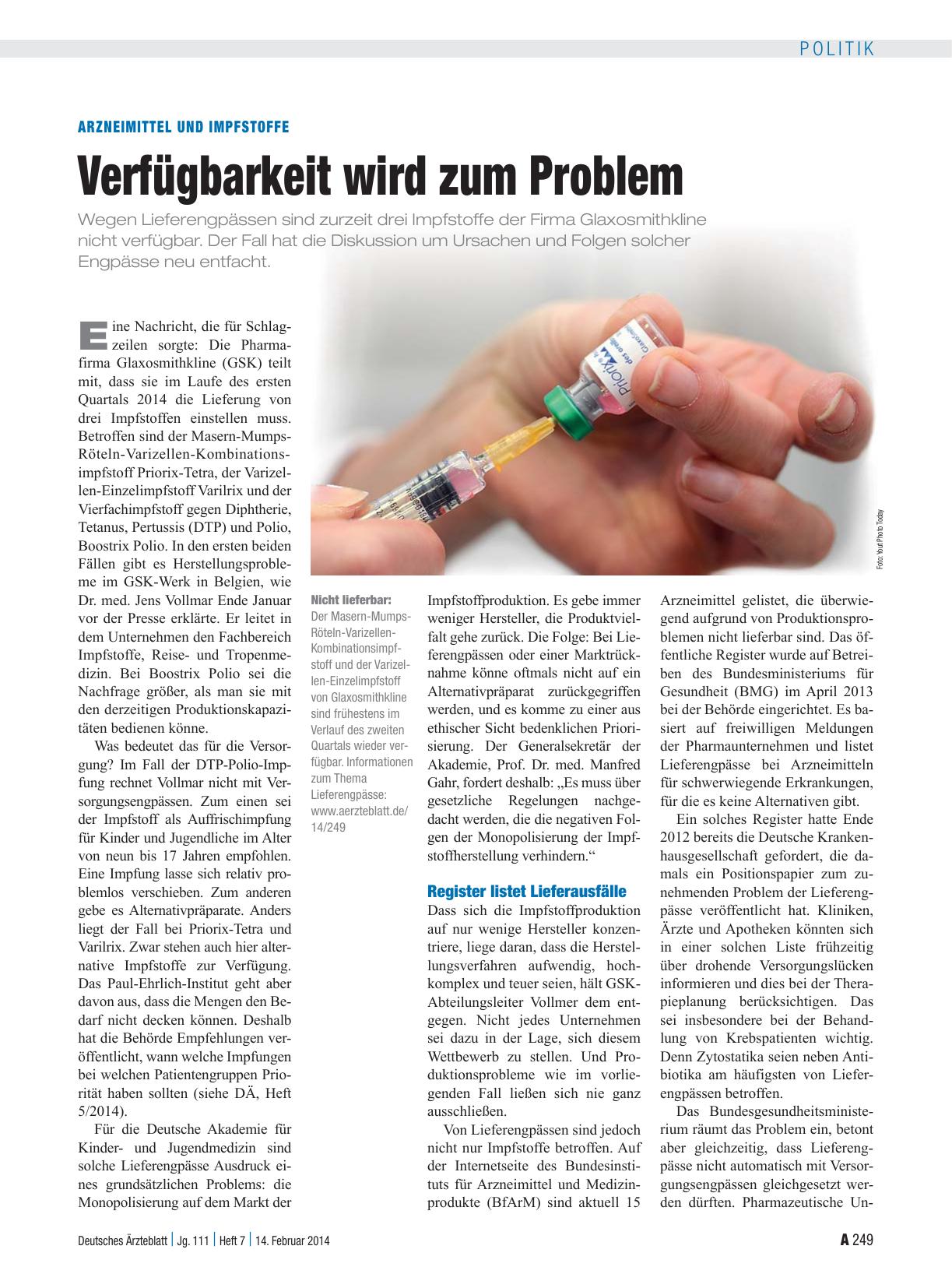 Vorschauseite 1: Arzneimittel und Impfstoffe: Verfügbarkeit wird zum Problem
