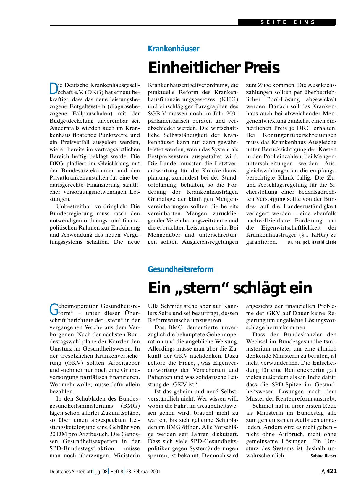 Vorschauseite 1: Gesundheitsreform: Ein „stern“ schlägt ein
