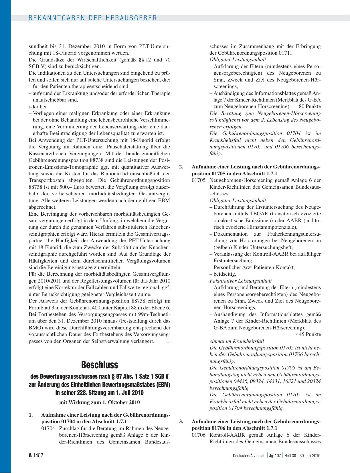 Vorschauseite 1: Beschluss des Bewertungsausschusses nach § 87 Abs. 1 Satz 1 SGB V zur Änderung des Einheitlichen Bewertungsmaßstabes (EBM) in seiner 228. Sitzung am 1. Juli 2010