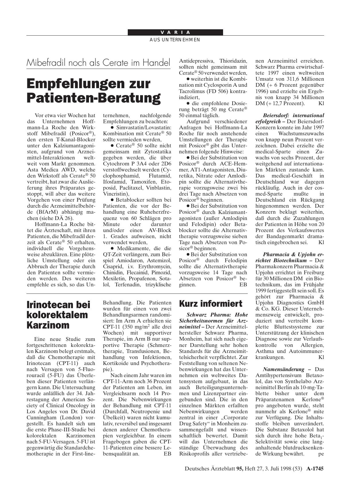 Vorschauseite 1: Mibefradil noch als Cerate im Handel: Empfehlungen zur Patienten-Beratung