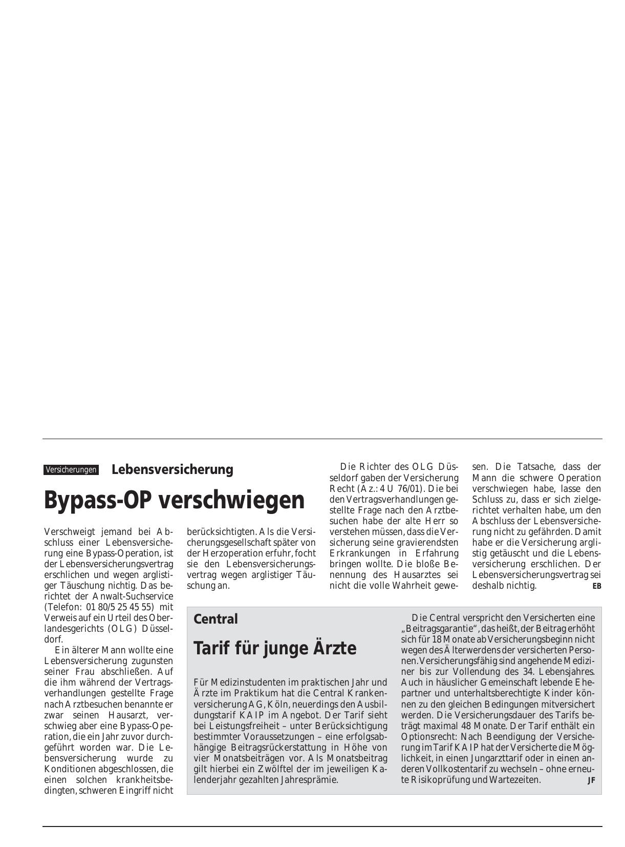 Vorschauseite 1: Lebensversicherung: Bypass-OP verschwiegen