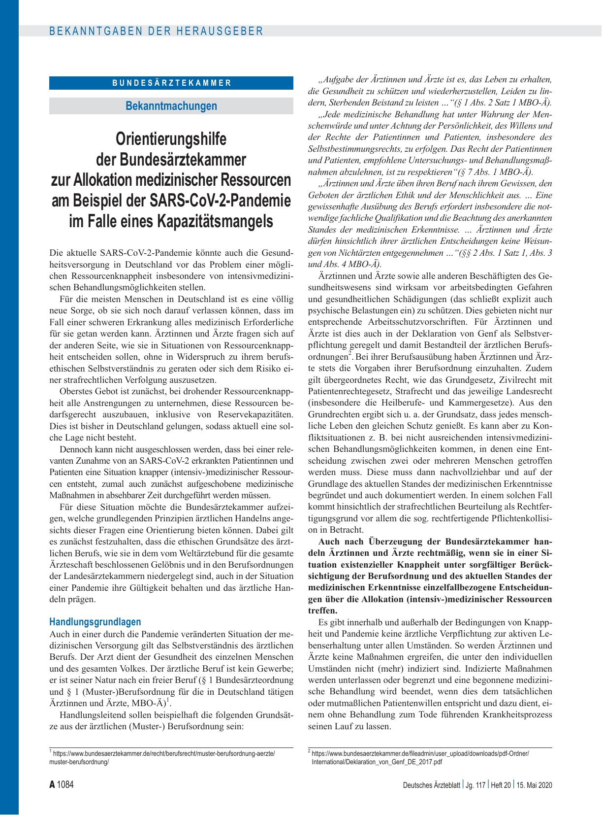 Vorschauseite 1: Orientierungshilfe der Bundesärztekammer zur Allokation medizinischer Ressourcen am Beispiel der SARS-CoV-2-Pandemie im Falle eines Kapazitätsmangels