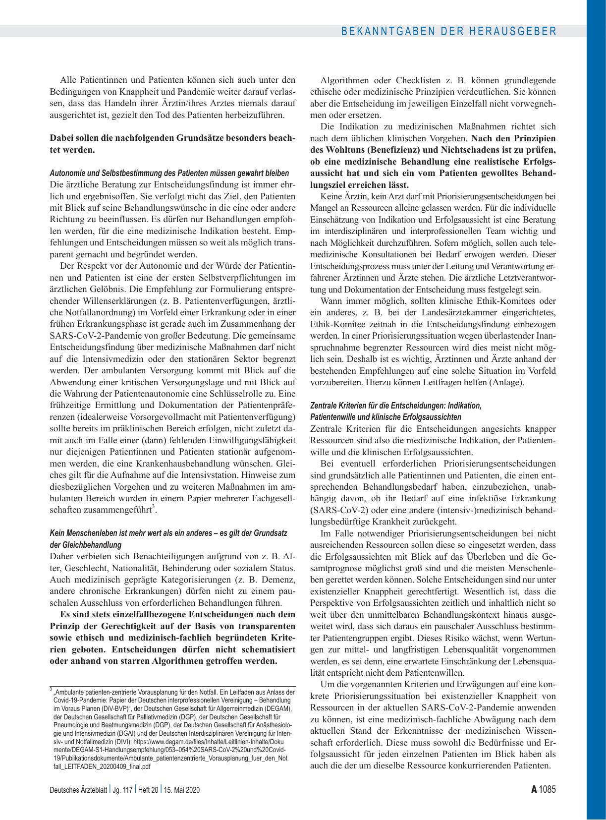 Vorschauseite 2: Orientierungshilfe der Bundesärztekammer zur Allokation medizinischer Ressourcen am Beispiel der SARS-CoV-2-Pandemie im Falle eines Kapazitätsmangels