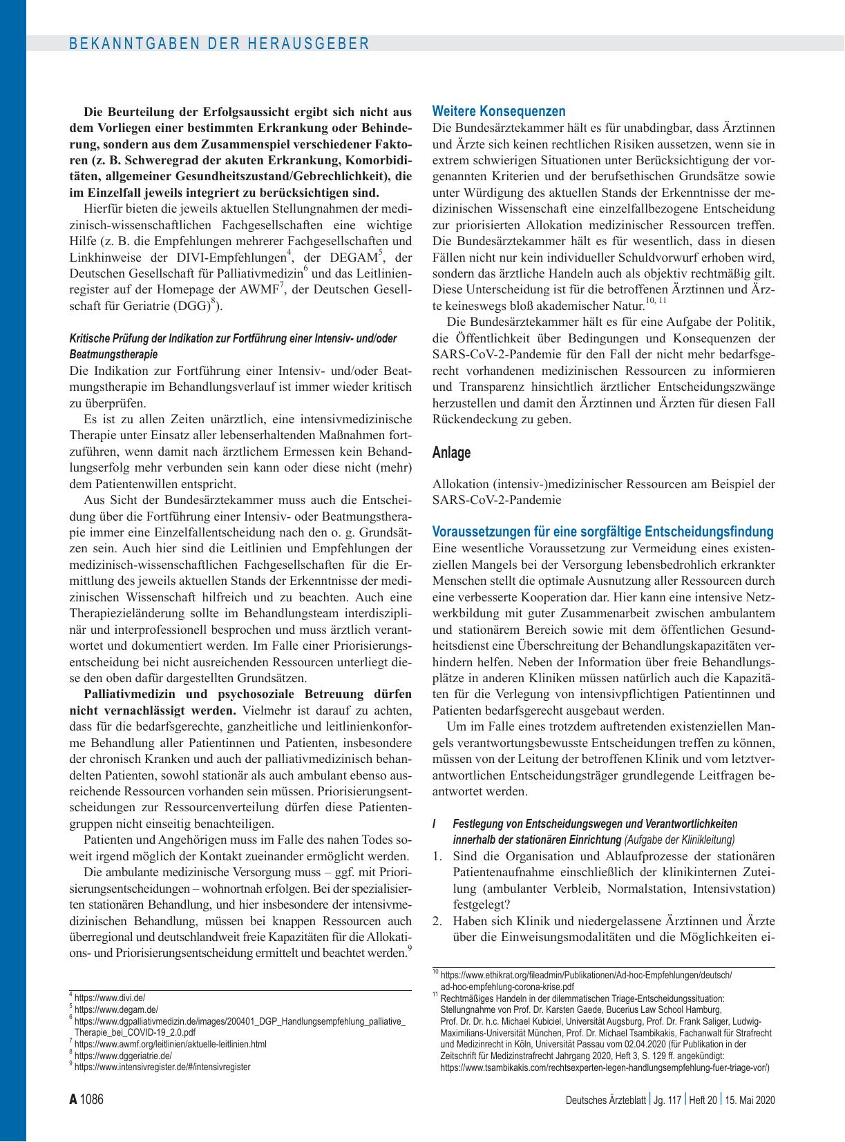 Vorschauseite 3: Orientierungshilfe der Bundesärztekammer zur Allokation medizinischer Ressourcen am Beispiel der SARS-CoV-2-Pandemie im Falle eines Kapazitätsmangels