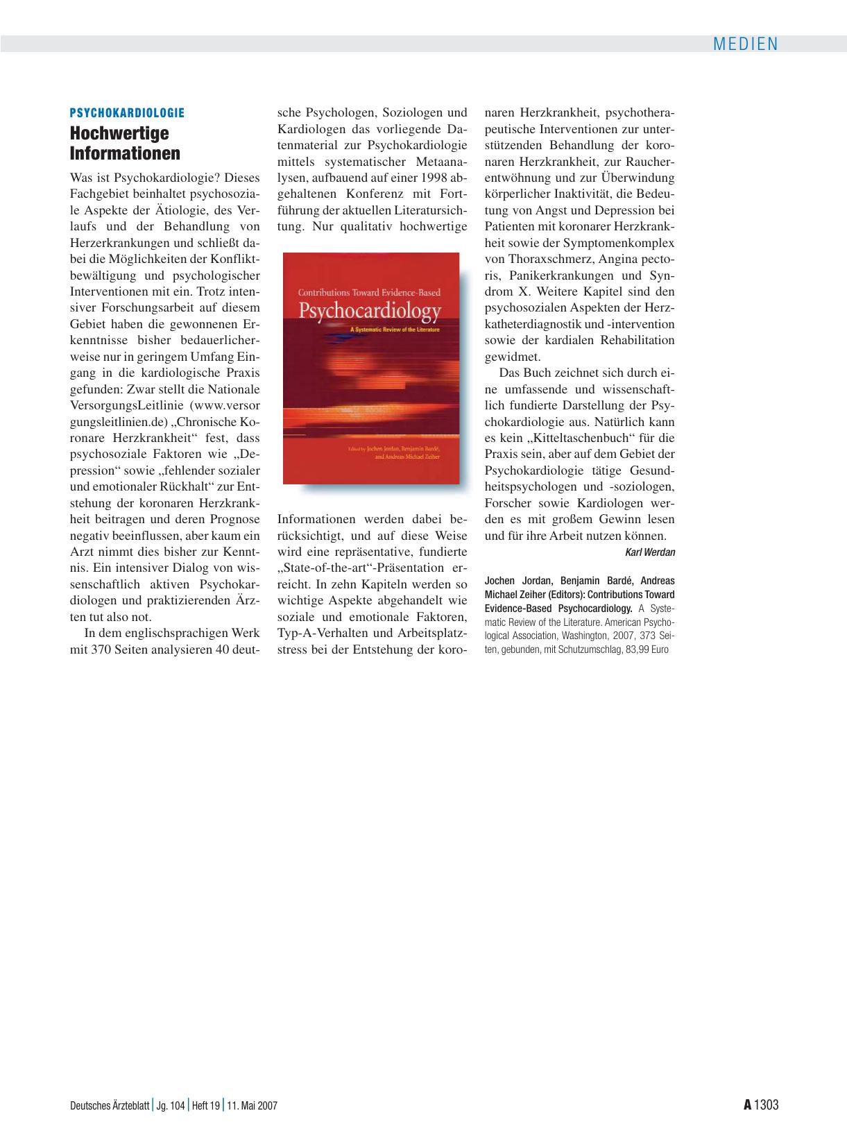 Vorschauseite 1: Contributions Toward Evidence-Based Psychocardiology. A Systematic Review of the Literature