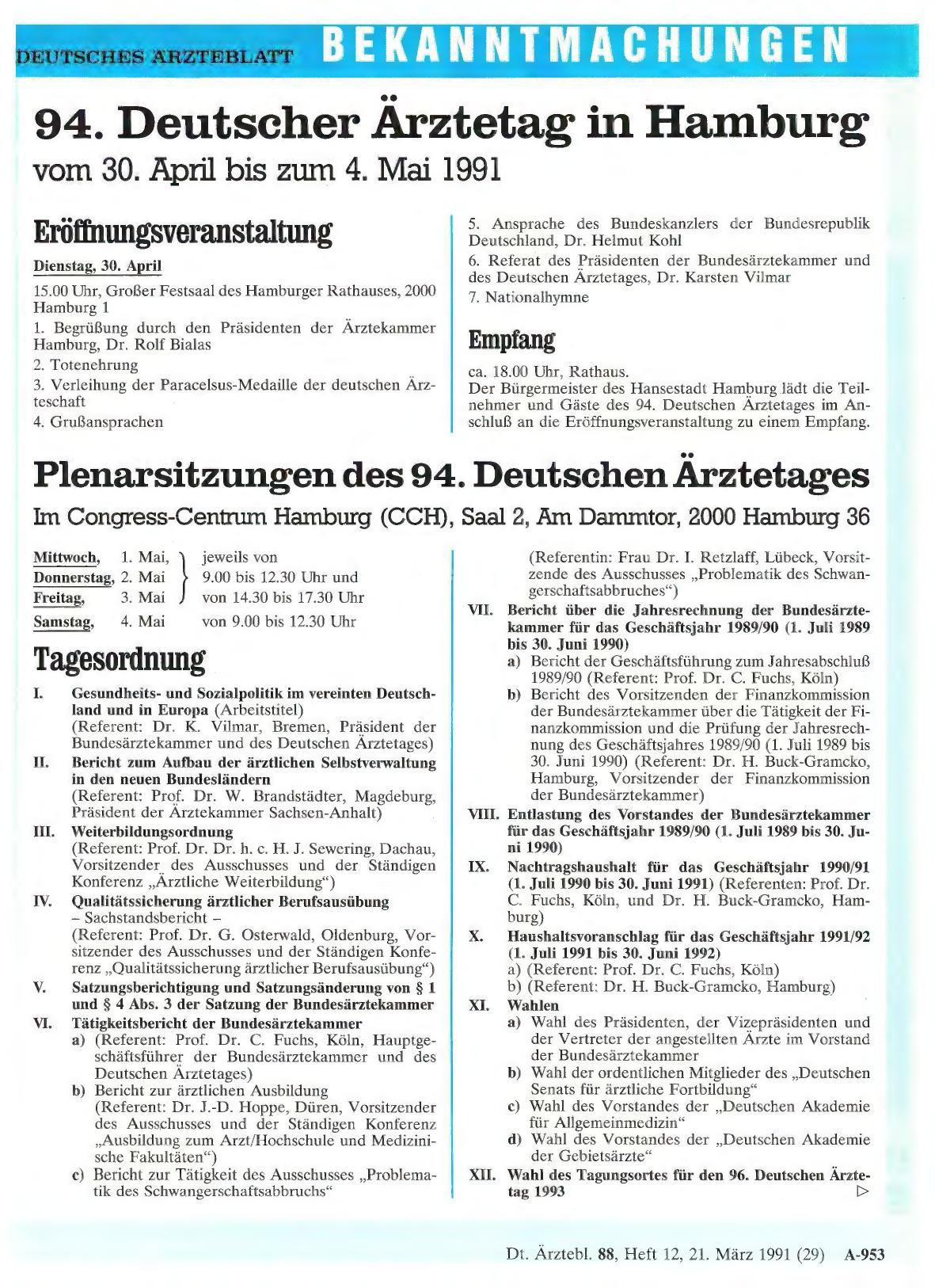 Vorschauseite 1: 94. Deutscher Ärztetag in Hamburg vom 30. April bis zum 4. Mai 1991