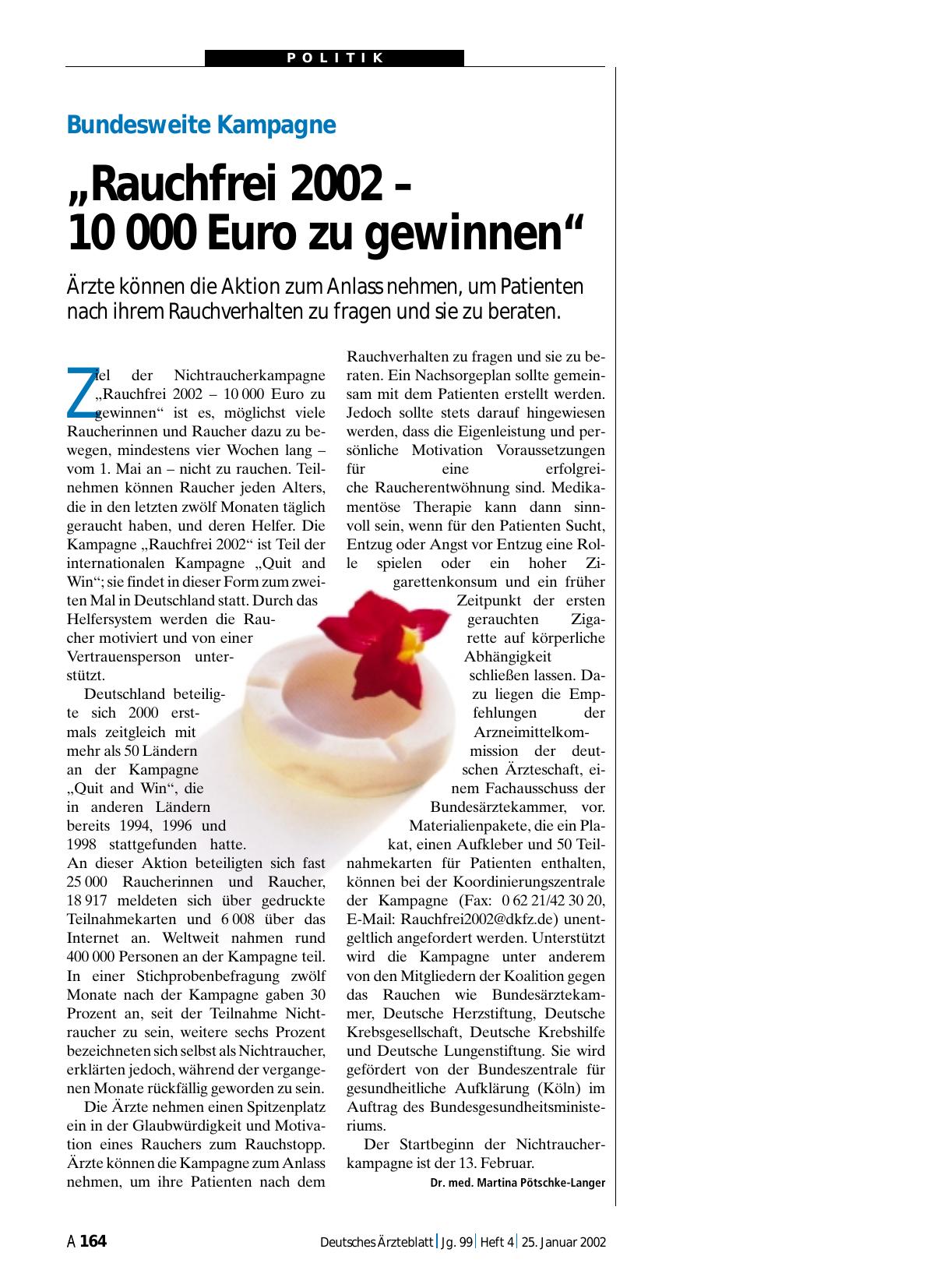 Vorschauseite 1: Bundesweite Kampagne: „Rauchfrei 2002 – 10 000 Euro zu gewinnen“