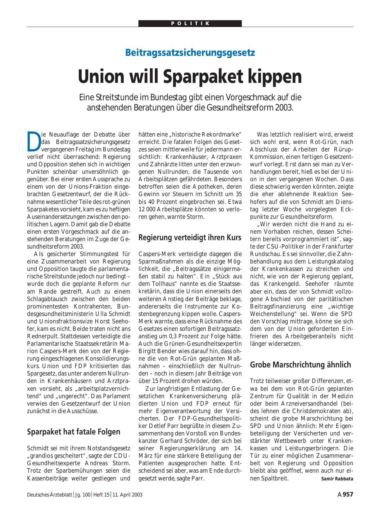 Vorschauseite 1: Beitragssatzsicherungsgesetz: Union will Sparpaket kippen
