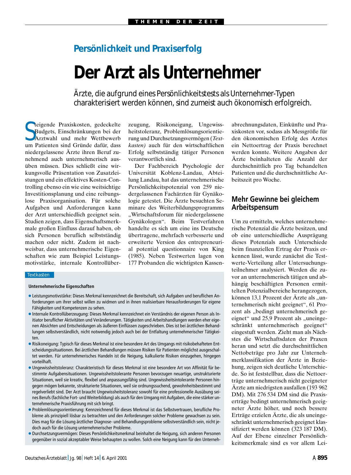 Vorschauseite 1: Persönlichkeit und Praxiserfolg: Der Arzt als Unternehmer