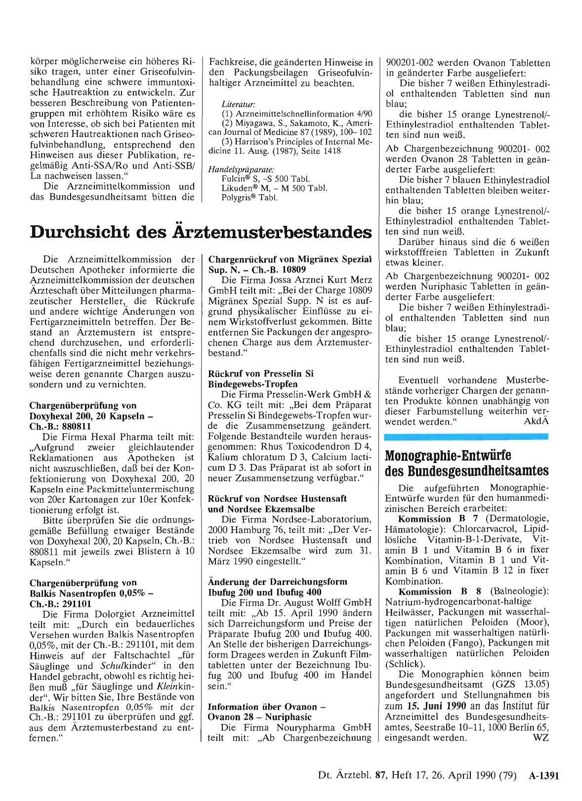 Vorschauseite 1: Monographie-Entwürfe des Bundesgesundheitsamtes