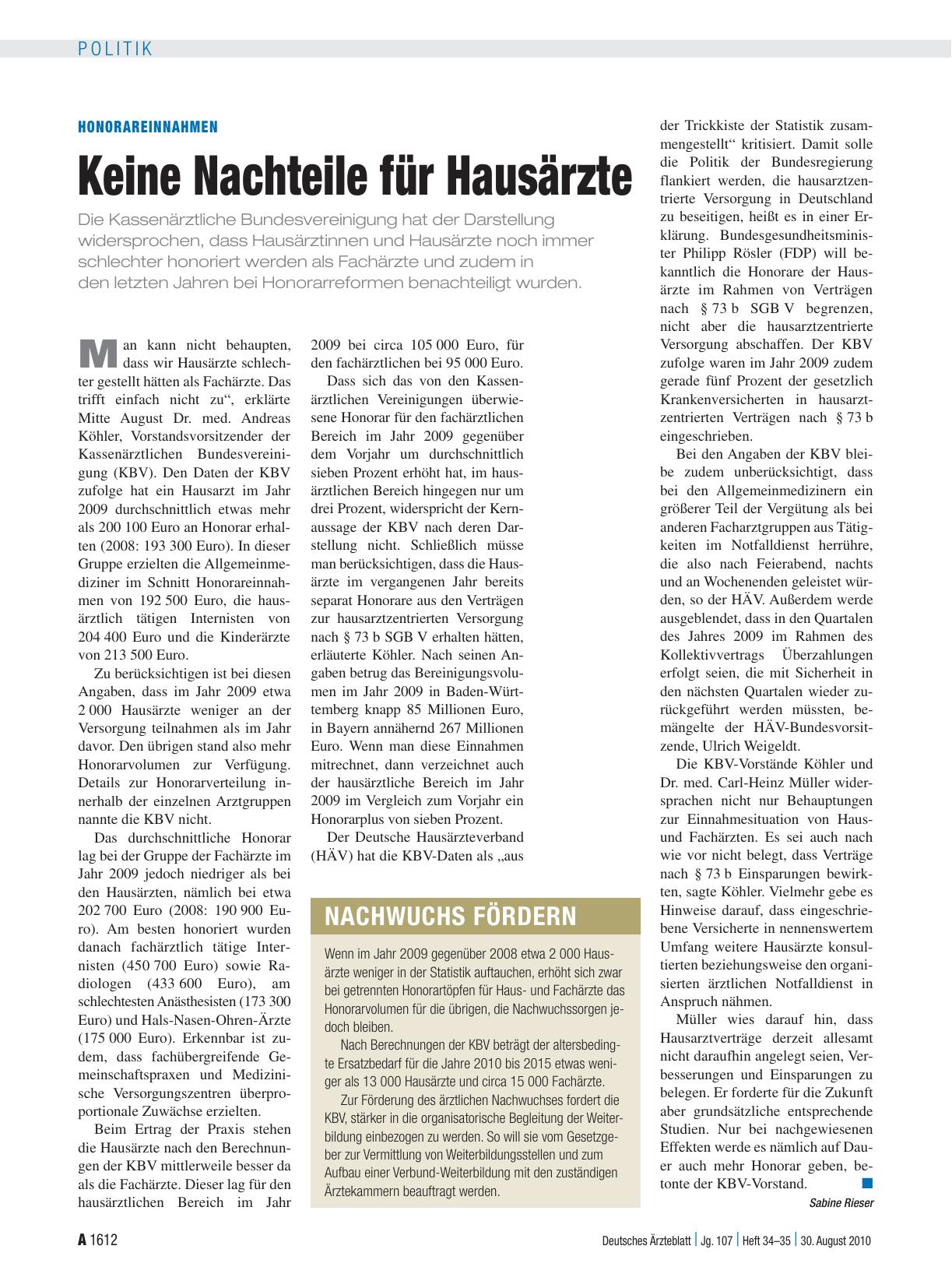 Vorschauseite 1: Honorareinnahmen: Keine Nachteile für Hausärzte