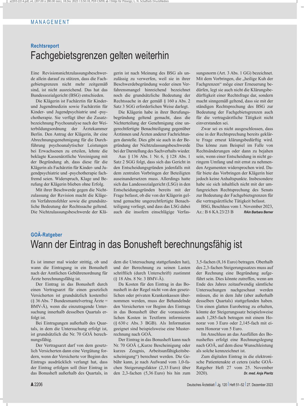 Vorschauseite 1: Rechtsreport: Fachgebietsgrenzen gelten weiterhin