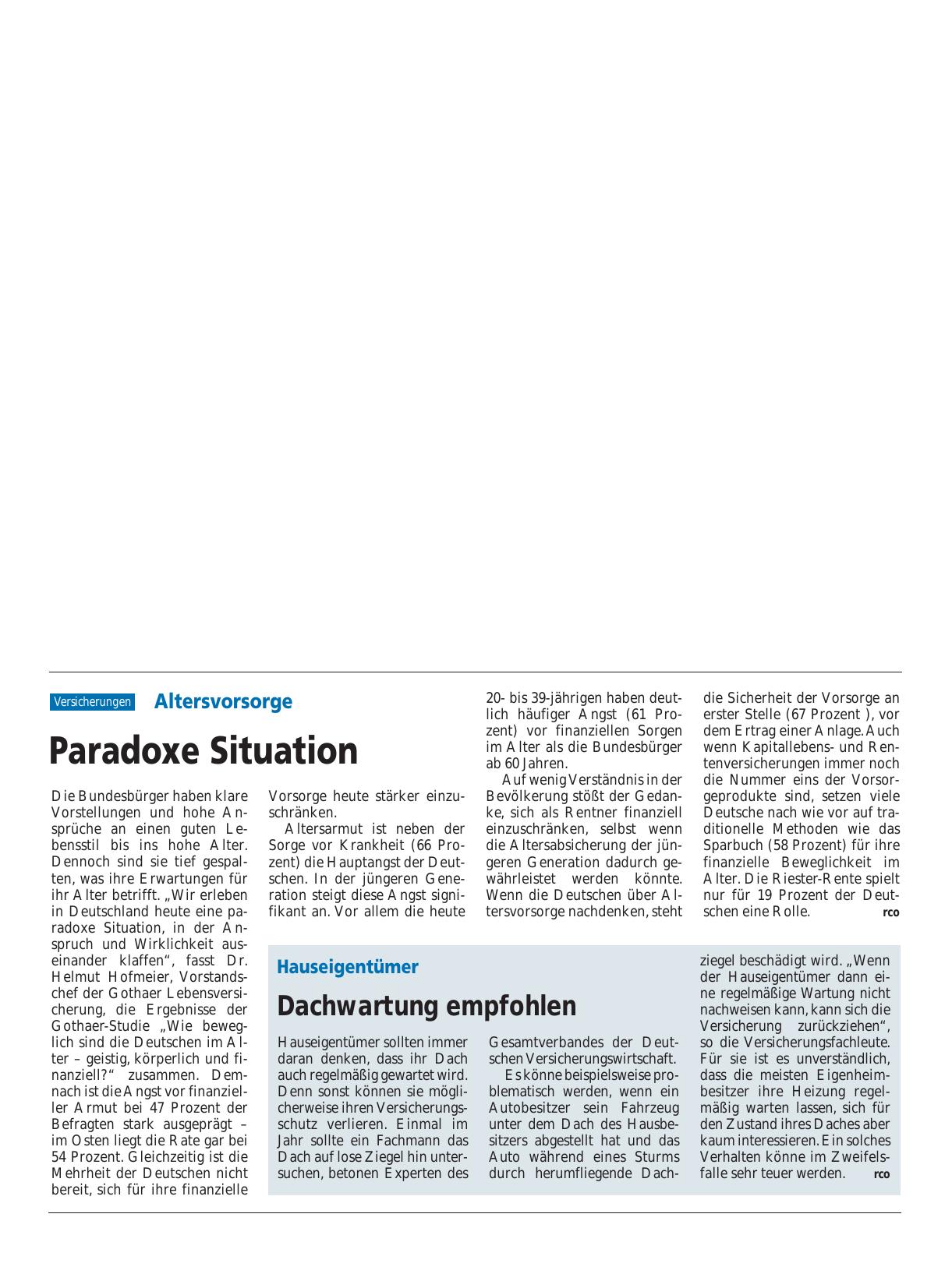 Vorschauseite 1: Altersvorsorge: Paradoxe Situation