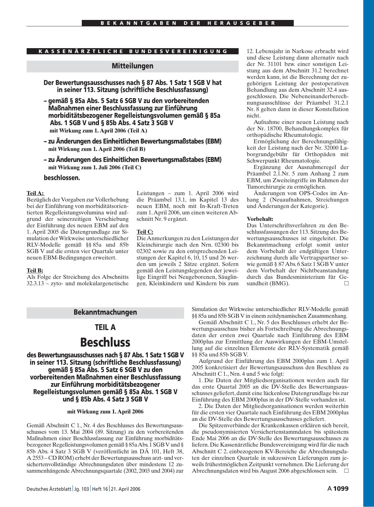 Vorschauseite 1: Bekanntmachungen: TEIL A – Beschluss des Bewertungsausschusses nach § 87 Abs. 1 Satz 1 SGB V in seiner 113. Sitzung (schriftliche Beschlussfassung) gemäß § 85a Abs. 5 Satz 6 SGB V…
