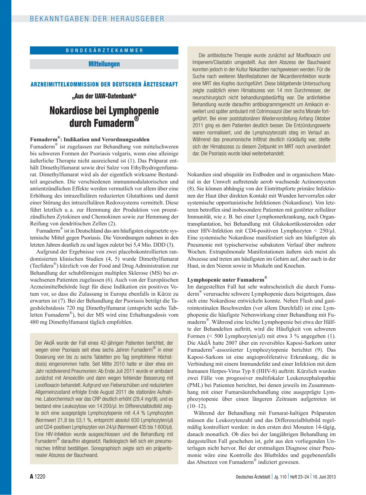 Vorschauseite 1: Arzneimittelkommission der Deutschen Ärzteschaft: „Aus der UAW-Datenbank“ – Nokardiose bei Lymphopenie durch Fumaderm ®