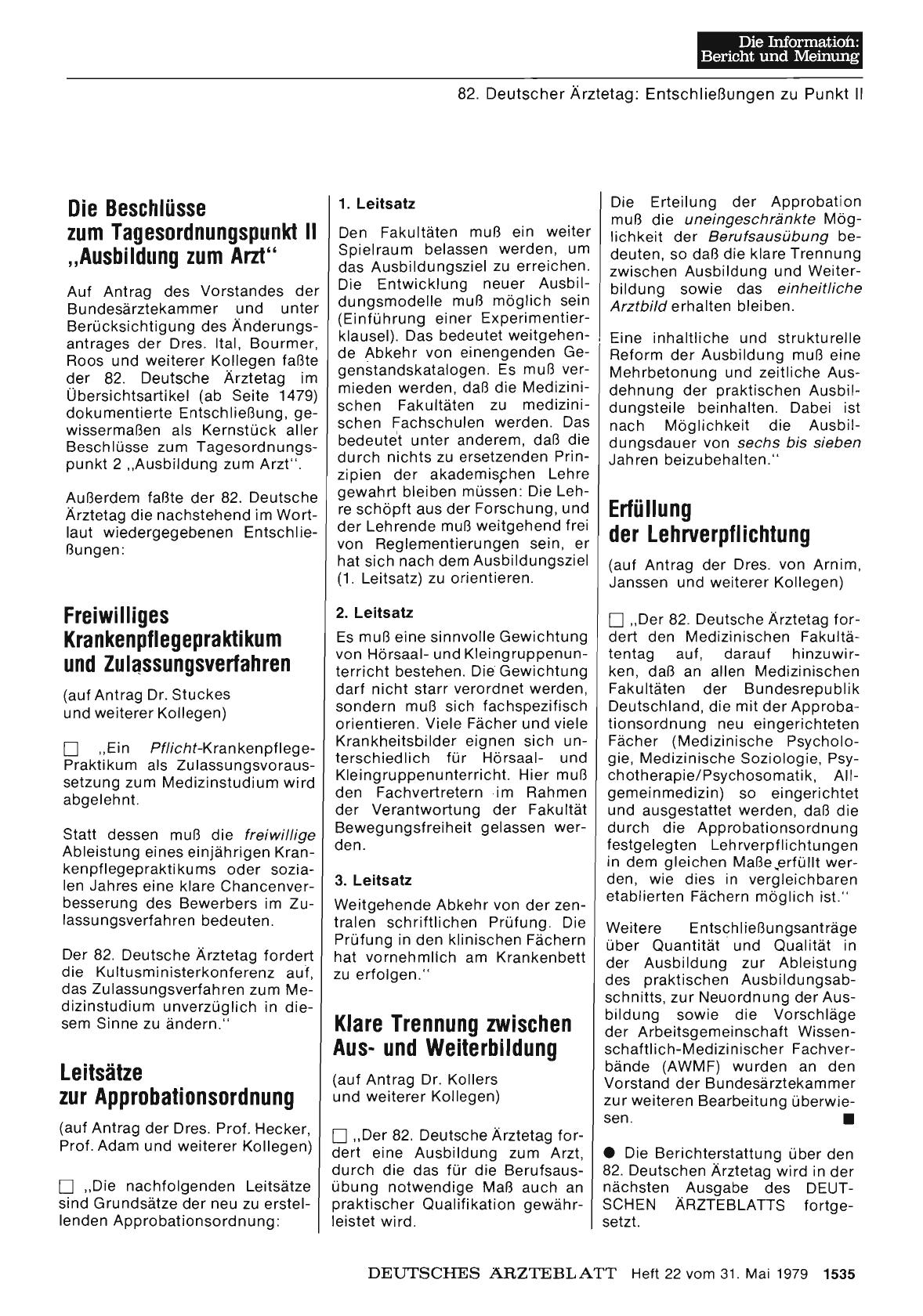 Vorschauseite 1: Die Beschlüsse zum Tagesordnungspunkt II „Ausbildung zum Arzt“