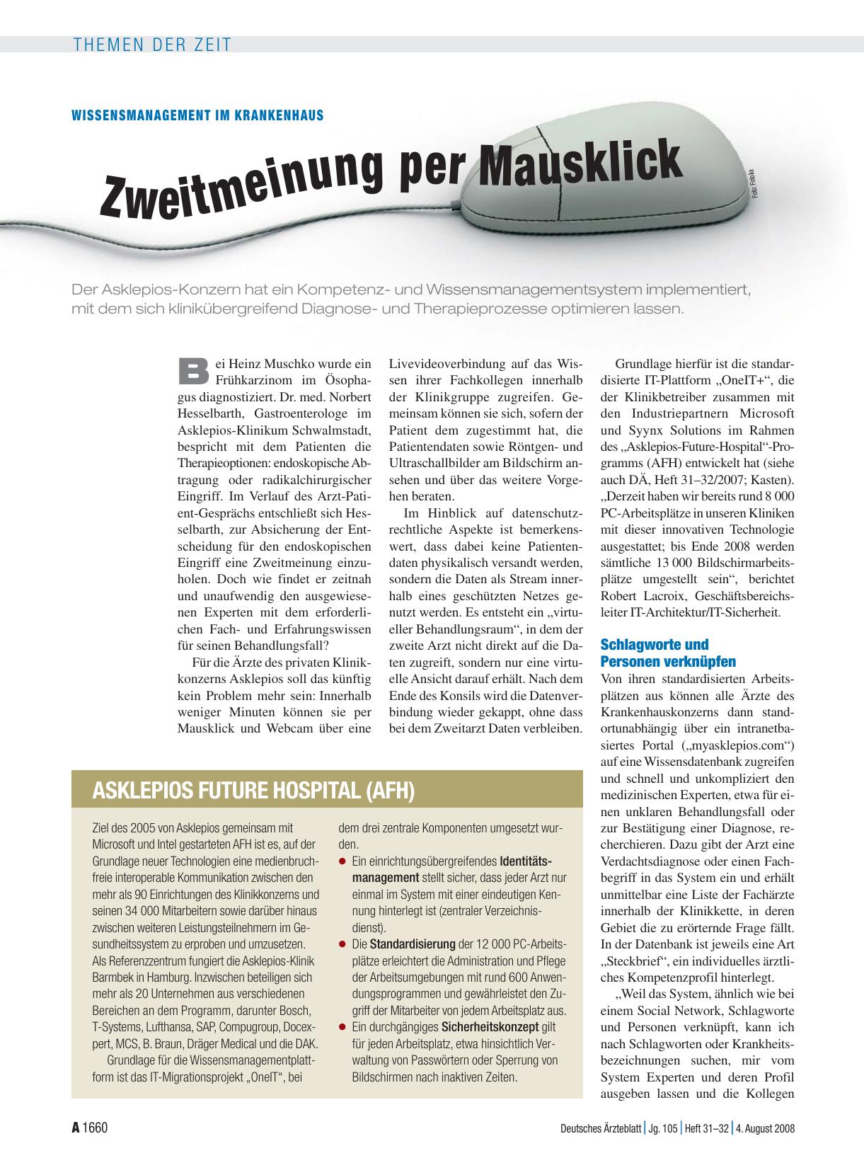 Vorschauseite 1: Wissensmanagement im Krankenhaus: Zweitmeinung per Mausklick